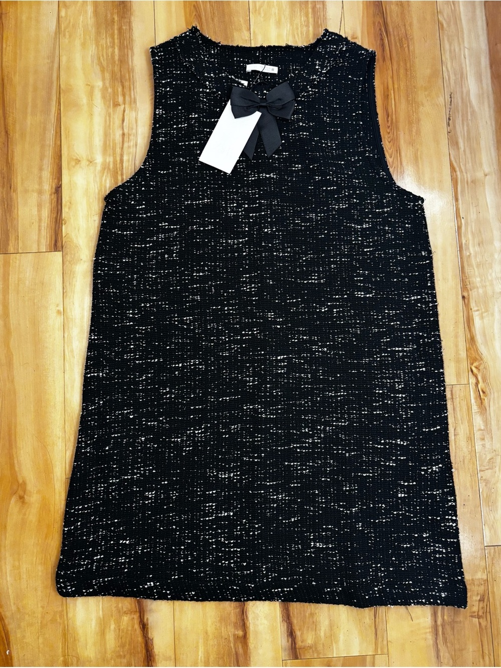Zara Black Tweed Midi Dress with Bow Accent